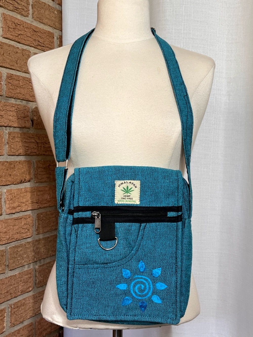 Himalayan Hemp Crossbody Bag Teal Boho Festival Nepal Adjustable Strap NEW